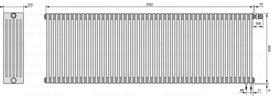 Схема (чертеж) Радиатор Zehnder Charleston 6300/47 №V002 Белый глянцевый RAL 9016